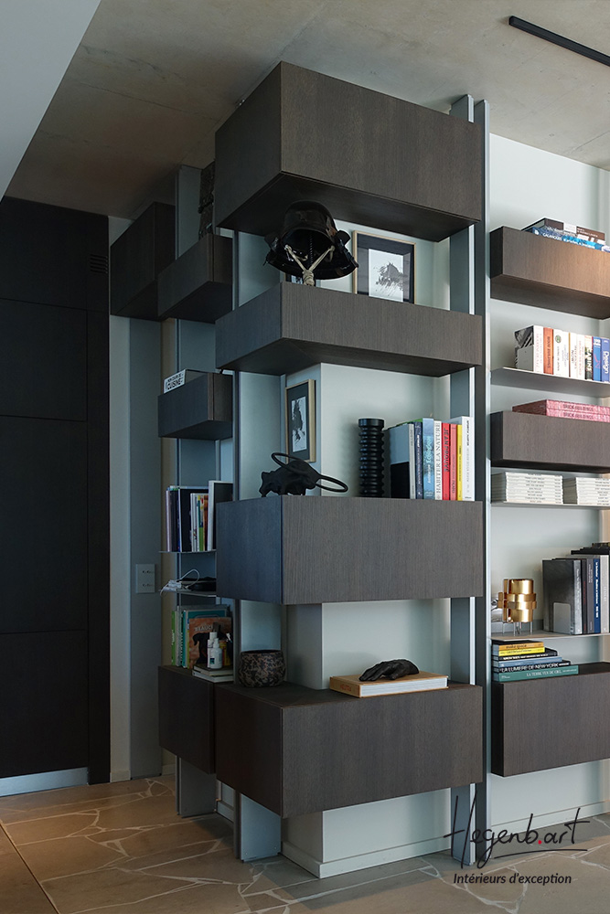 bibliotheque d angle sur mesure boites fermee parties ouvertes se retourne sur le mur hegenbart design interieur menuiserie
