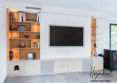 Un aménagement mural de salon décoratif autour d’une grande télévision