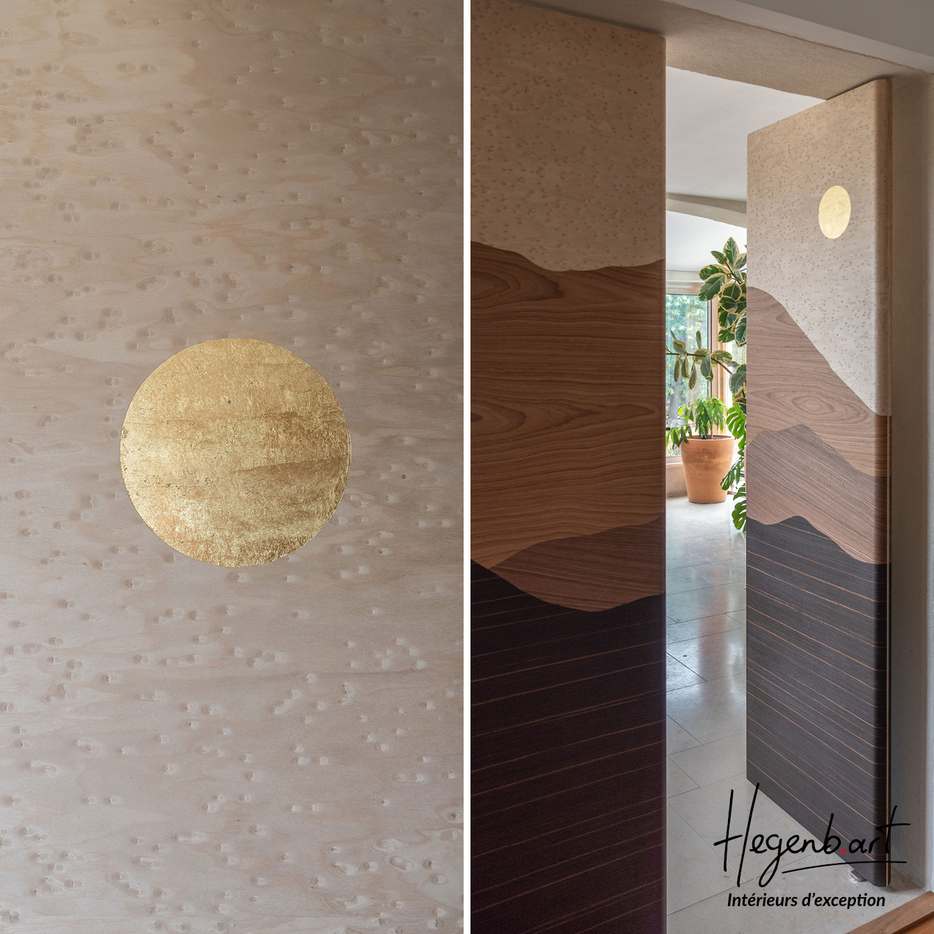 Porte pivot paysage vue de dos avec disque d'or 22 carats, design contemporain intemporel Hegenbart